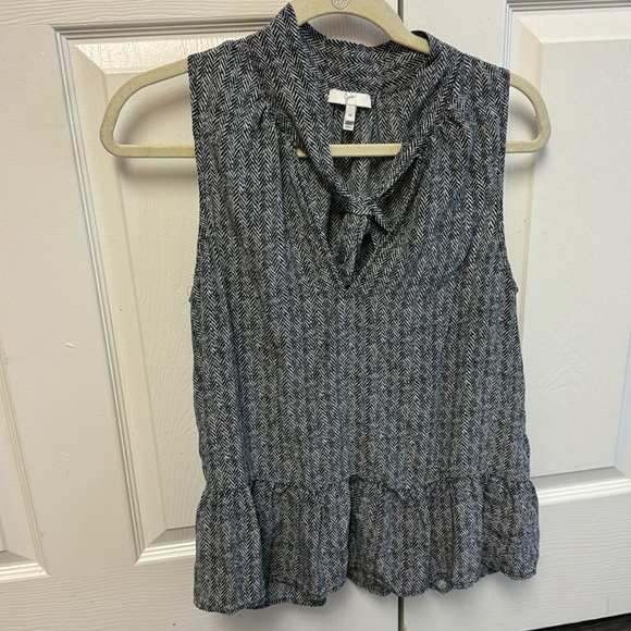 Joie silk black tan white ruffle tie neck sleeveless work business top office M - Picture 2 of 8